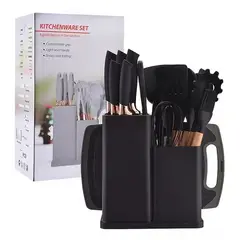 GENERICO - UTENSILIO DE COCINA 19 PIEZAS MADERA, SILICONA ANTIHADERENTE NEGRO