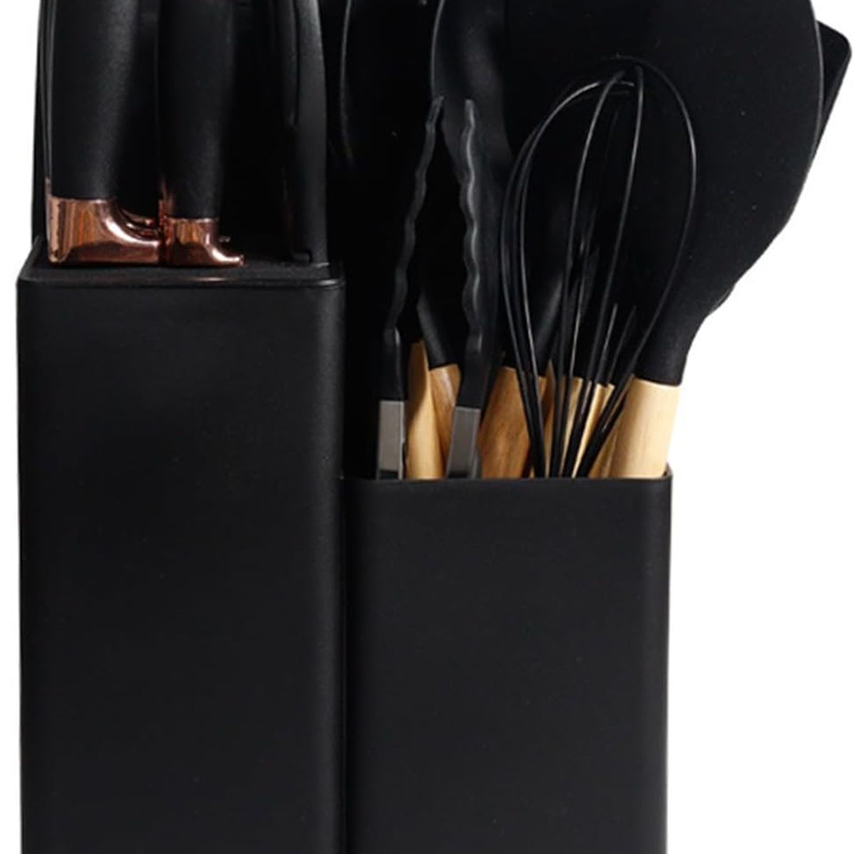 GENERICO - UTENSILIO DE COCINA 19 PIEZAS MADERA, SILICONA ANTIHADERENTE NEGRO