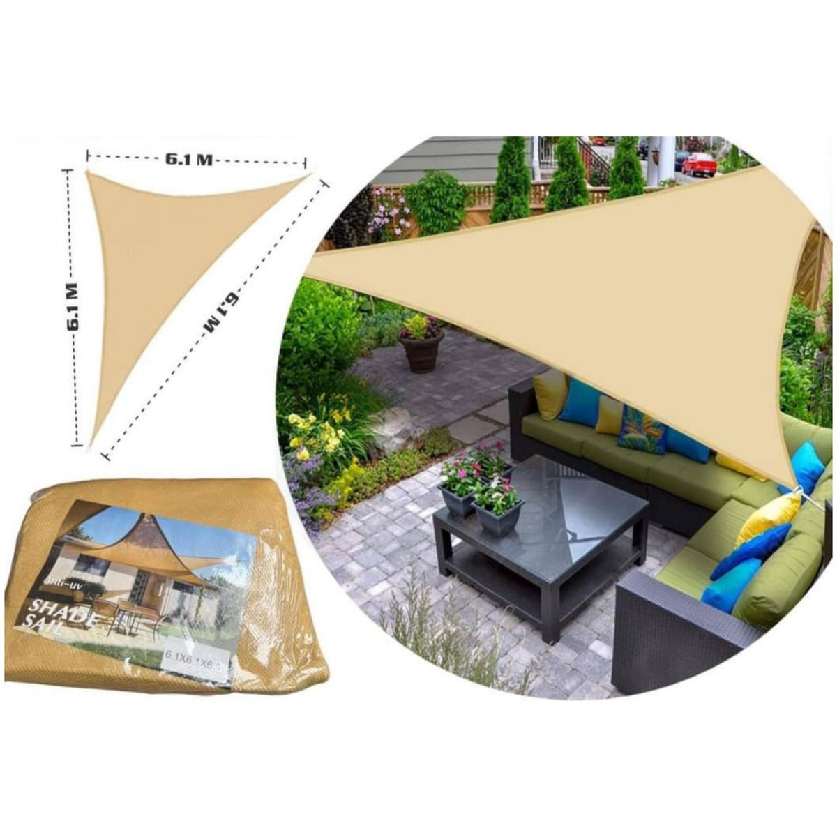 GENERICO - Toldo Vela Sombra Anti-Uv Triangular 6.1x6.1x6.1  Beige