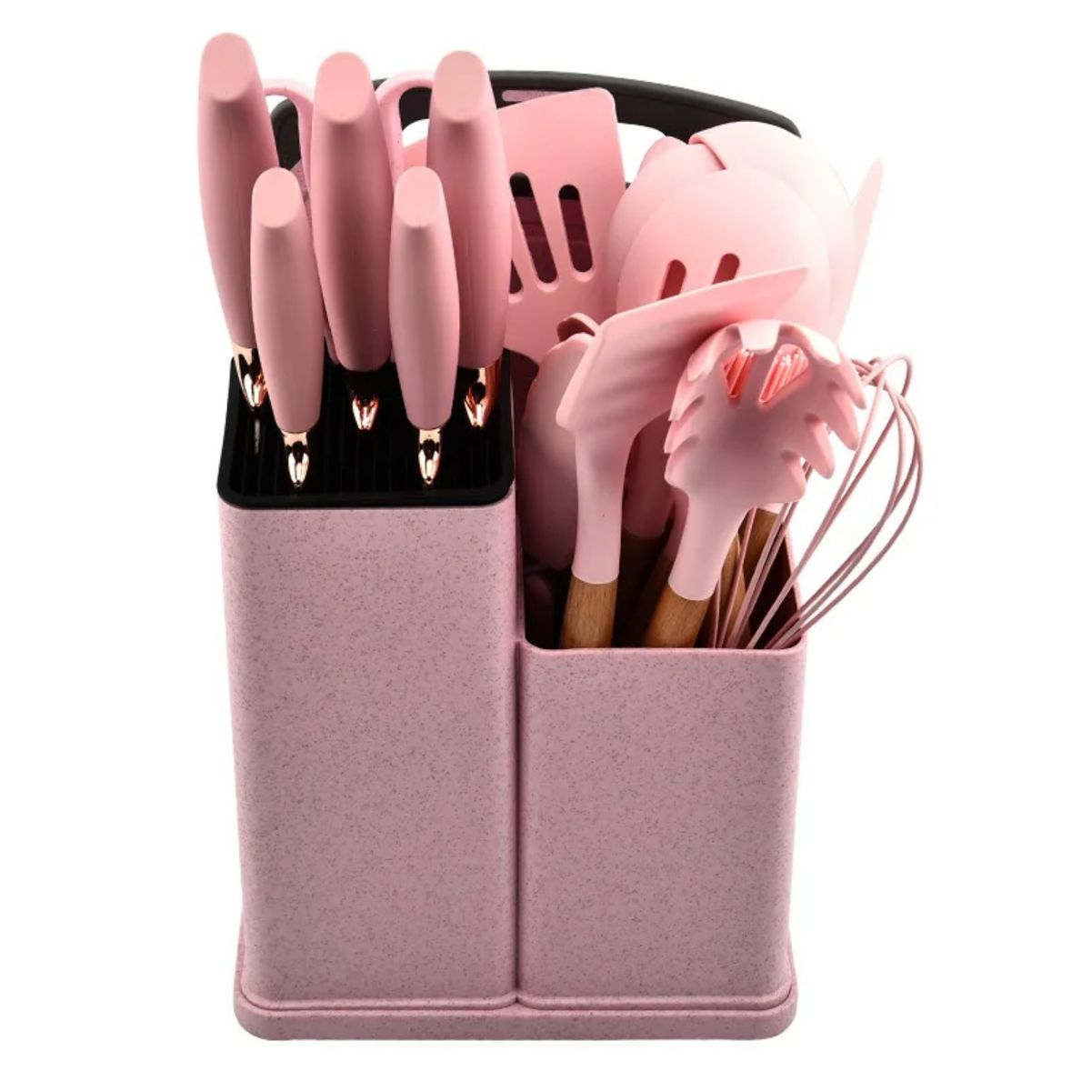 GENERICO - UTENSILIO DE COCINA 19 PIEZAS MADERA, SILICONA ANTIHADERENTE ROSADO