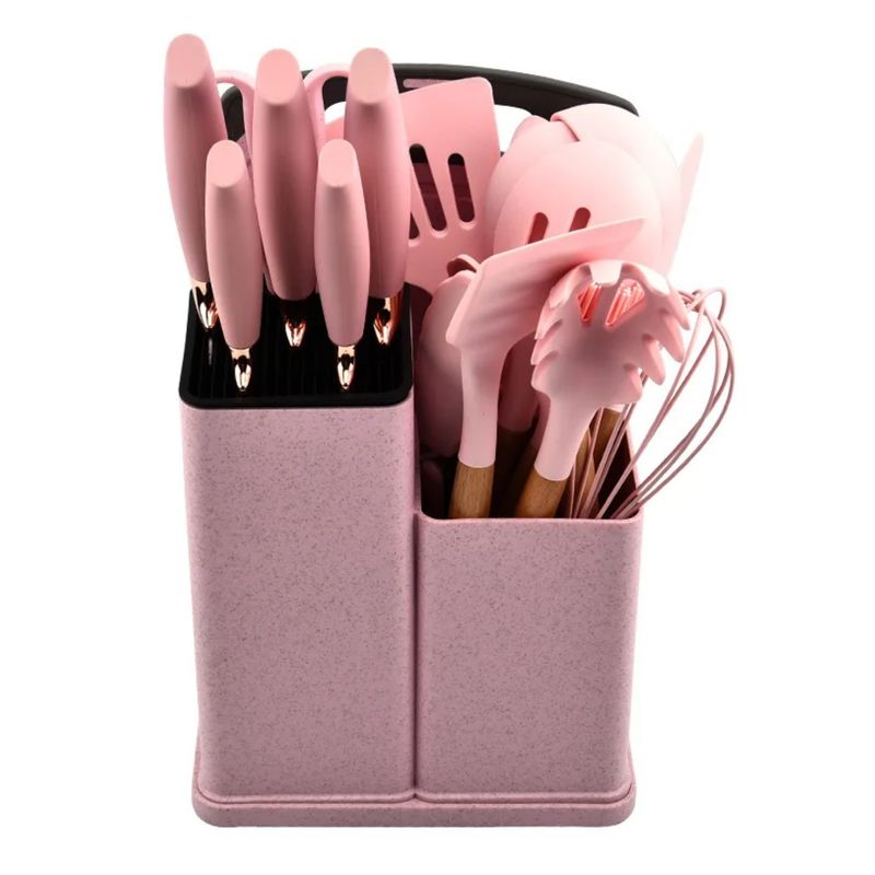 GENERICO - UTENSILIO DE COCINA 19 PIEZAS MADERA, SILICONA ANTIHADERENTE ROSADO