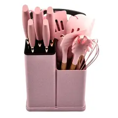 GENERICO - UTENSILIO DE COCINA 19 PIEZAS MADERA, SILICONA ANTIHADERENTE ROSADO