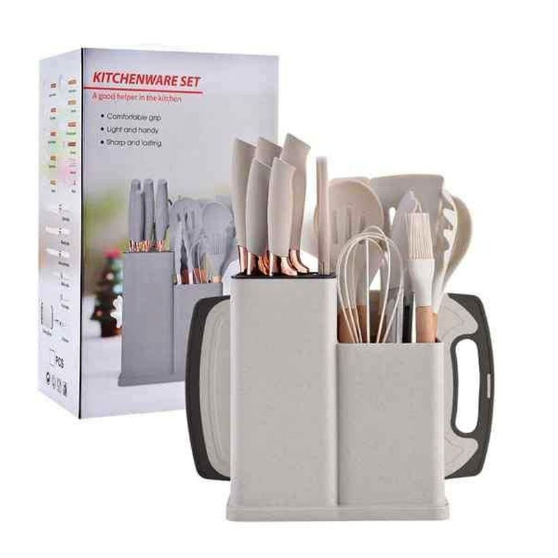 GENERICO - UTENSILIO DE COCINA 19 PIEZAS MADERA, SILICONA ANTIHADERENTE