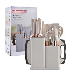 GENERICO - UTENSILIO DE COCINA 19 PIEZAS MADERA, SILICONA ANTIHADERENTE