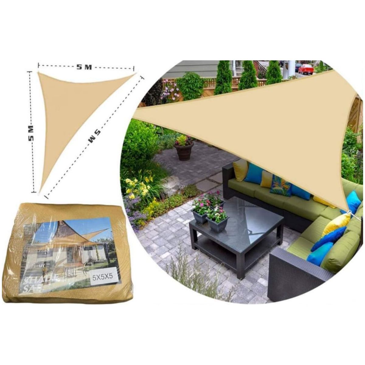 GENERICO - Toldo Vela Sombra Anti-Uv Triangular 5x5x5  Beige