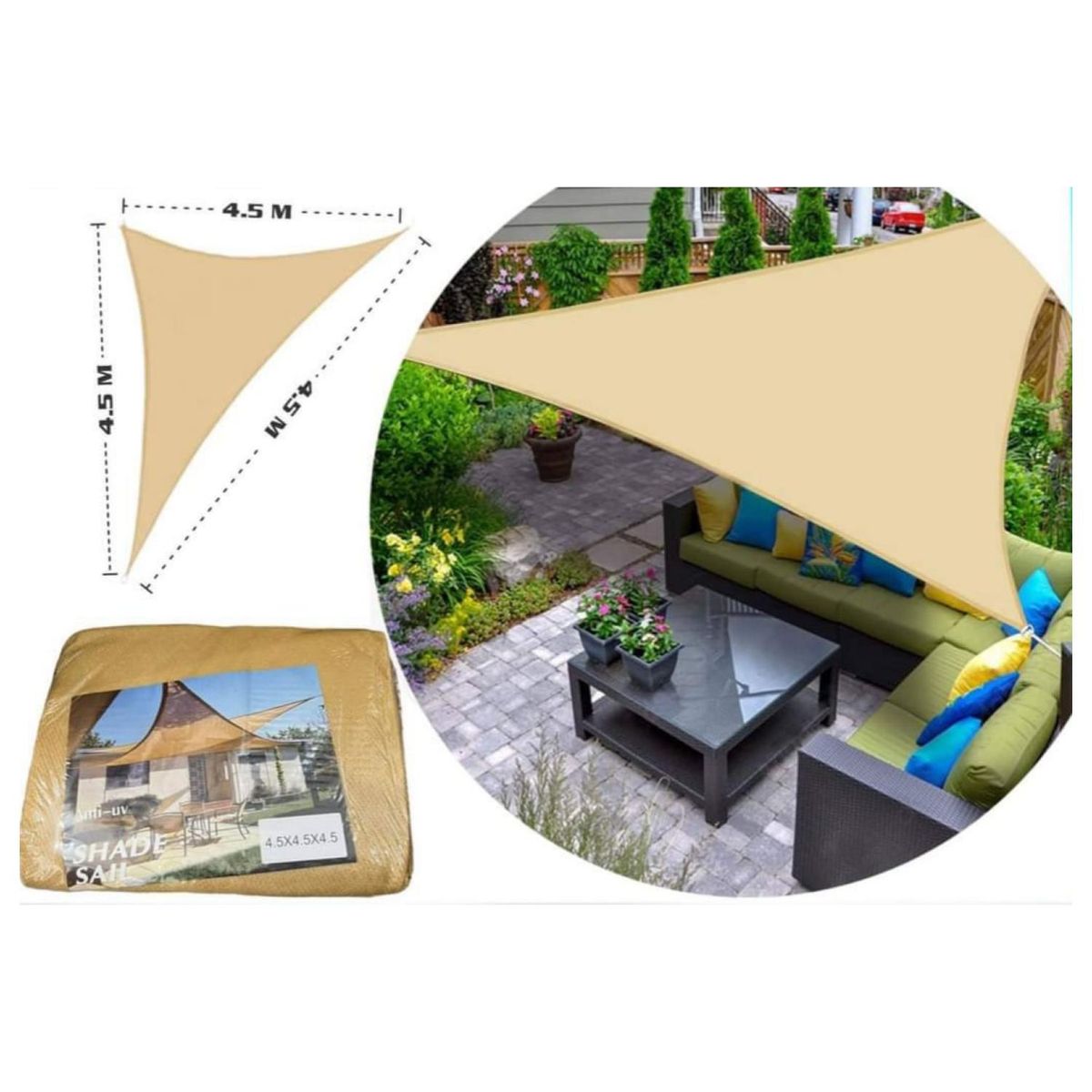 GENERICO - Toldo Vela Sombra Anti-Uv Triangular 4.5x4.5x4.5  Beige