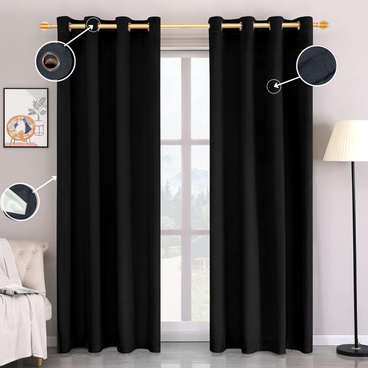 DIANA - CORTINAS 100% BLACKOUT 2 LIENZO ENGOMADA 140X220 C/U COLOR NEGRO