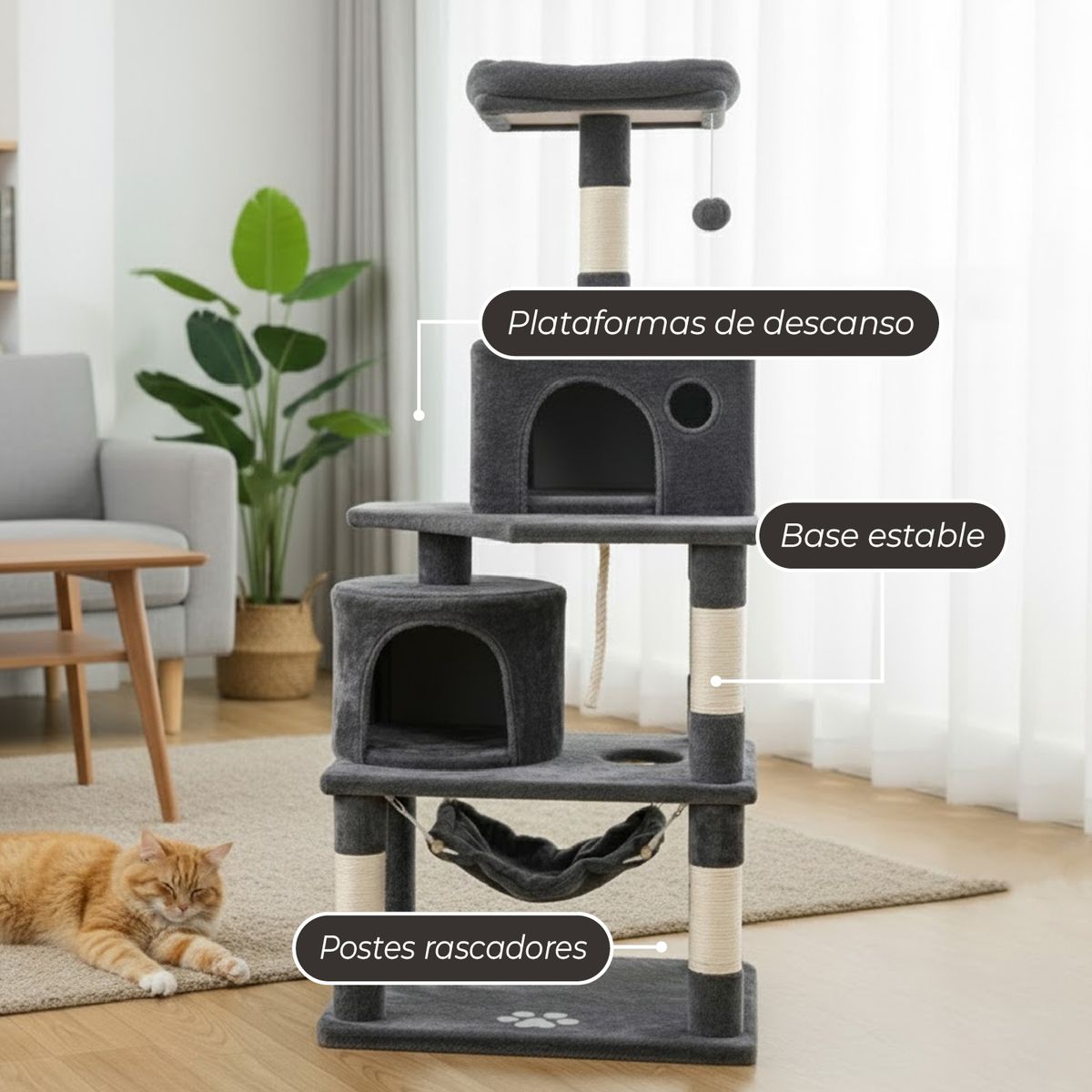 MUNDO ONLINE - Rascador Gatos Tipo Torre 145cm Mas Hamaca Árbol Terciopelo