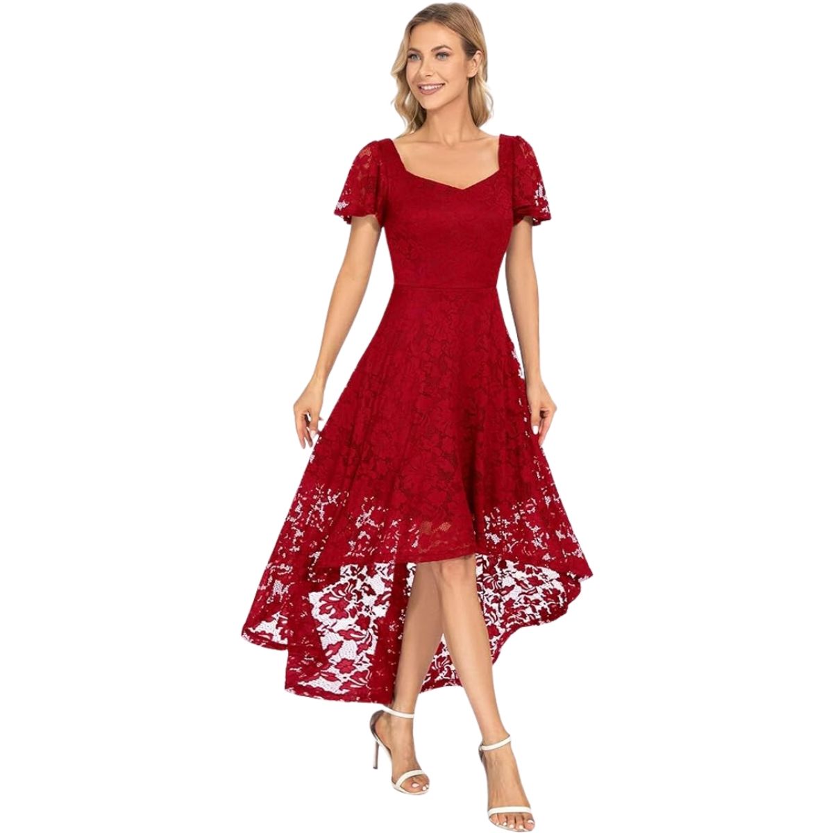 GENERICO - VESTIDO ASIMETRICO CUELLO ROMBO TODO DE ENCAJE IDEAL PARA FIESTA