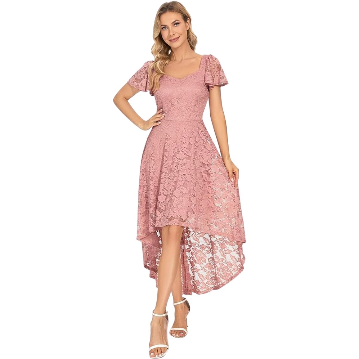 GENERICO - VESTIDO ASIMETRICO CUELLO ROMBO TODO DE ENCAJE IDEAL PARA FIESTA