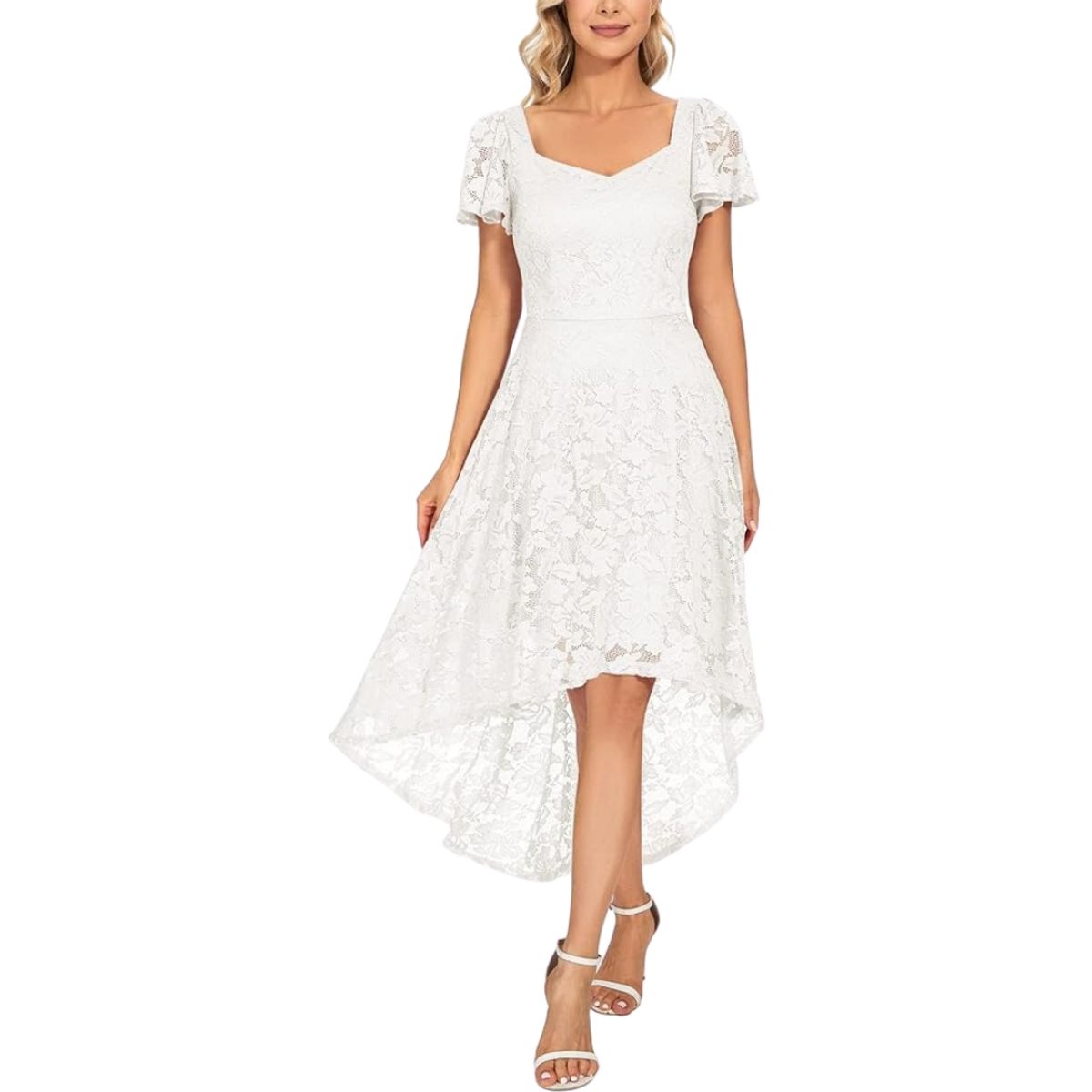 GENERICO - VESTIDO ASIMETRICO CUELLO ROMBO TODO DE ENCAJE IDEAL PARA FIESTA