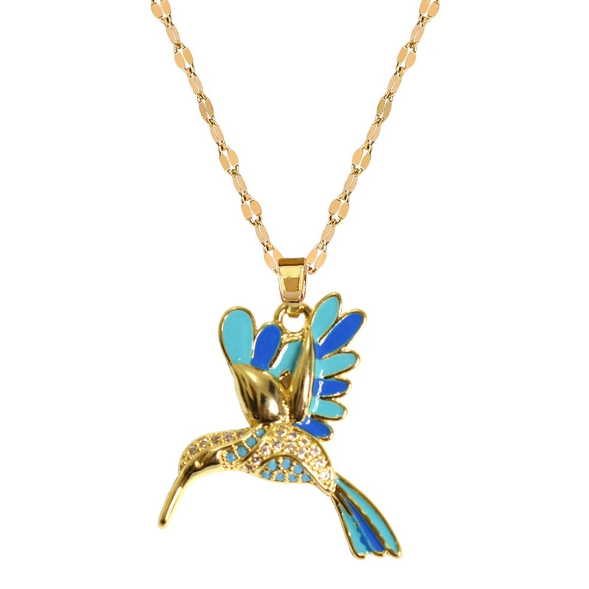 GENERICO - Collar Colibrí Azul Cadena En Acero Inoxidable - Bañado Oro 18k