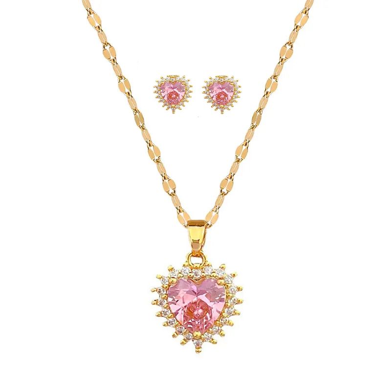 GENERICO - Set Collar  Aros Corazón Acero Inoxidable - Bañado Oro 18k