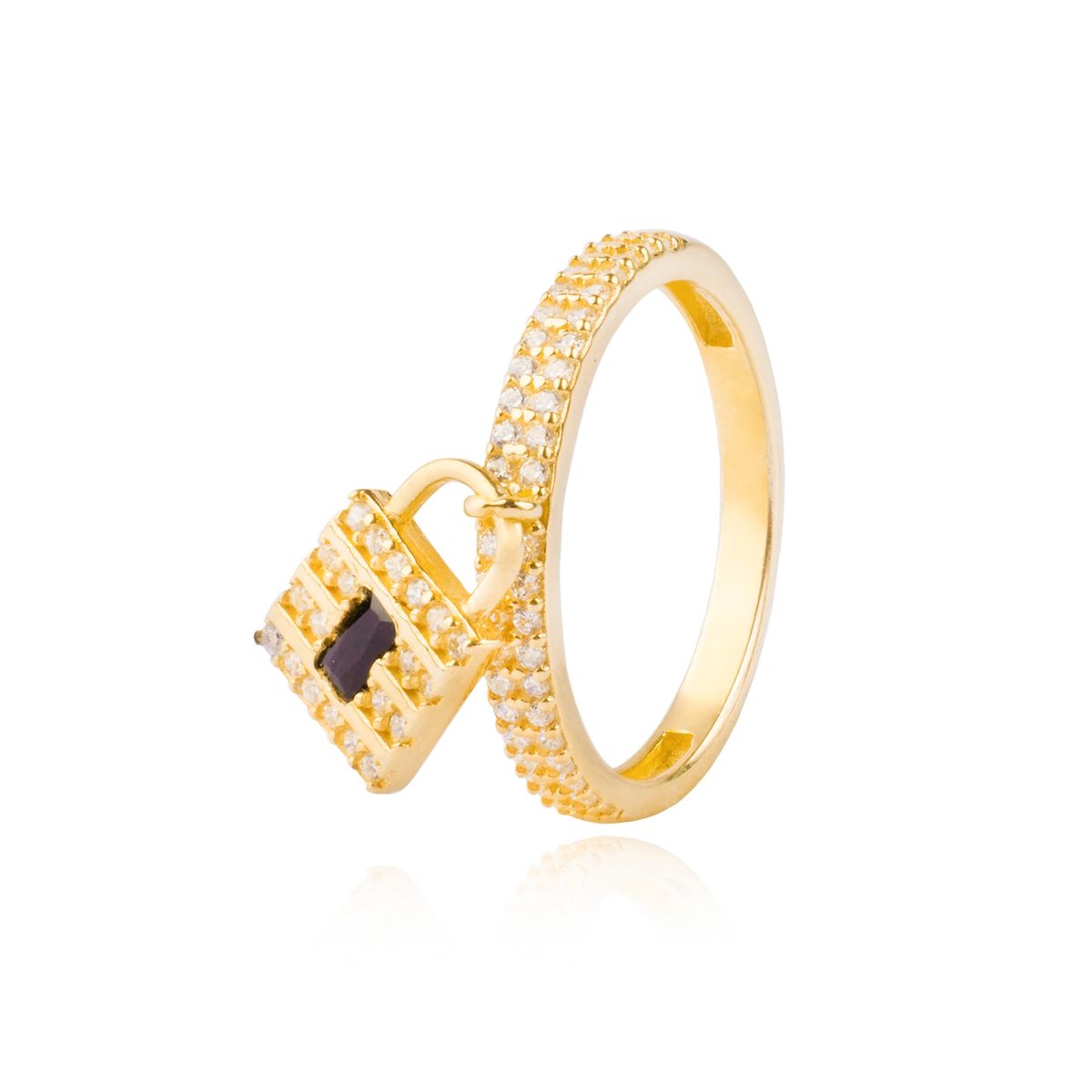 JB JOYAS BARON - Anillo Plata Esterlina 925 Candado Circon Onix Revestido en Oro 18kt