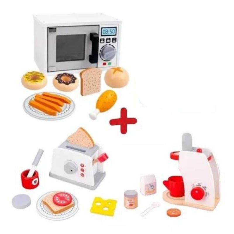 GENERICO - Set 3 Juego Didactico De Madera Microondas Tostador Cafetera