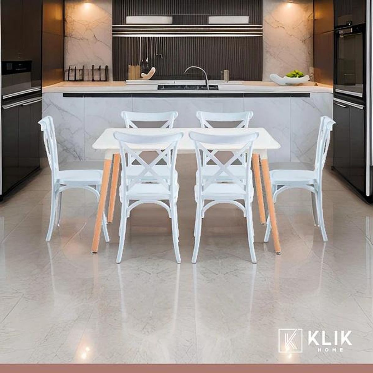 KLIK - Comedor Rectangular Blanco 120x80cm + 6 Silla Crossback Danubio Blanca KLIK