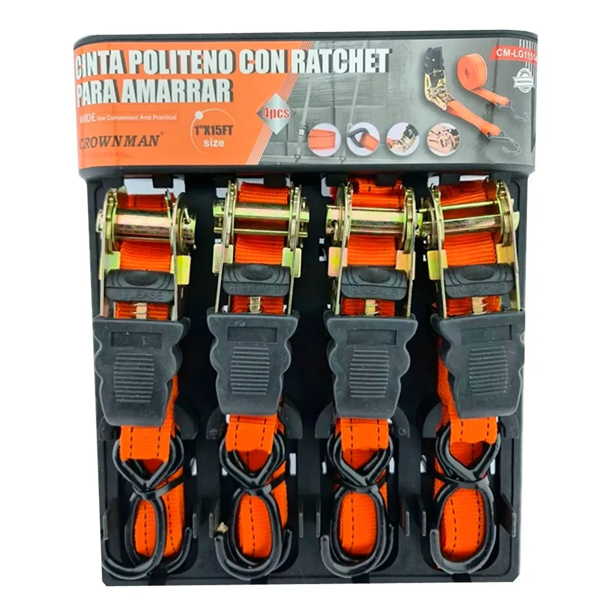 GENERICO - Jgo 4 Eslinga Cinta Amarre Con Ratchet 1 Pulgx15 Ft Crownman