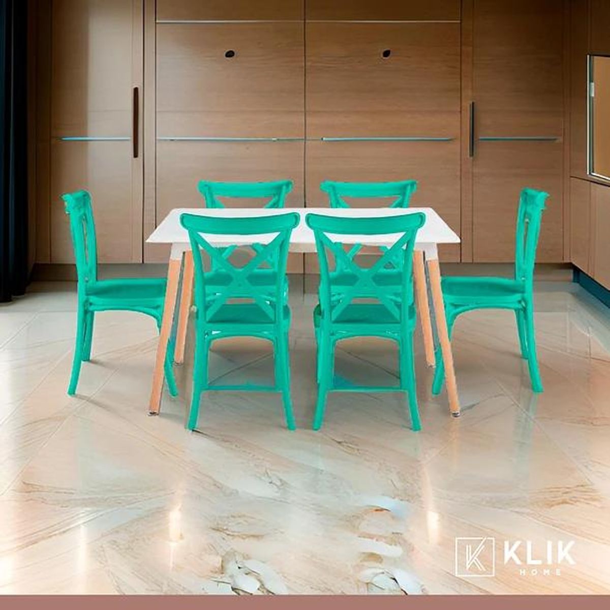 KLIK - Comedor Rectangular Blanca 120x80cms + 6 Silla Crossback Danubio Menta KLIK