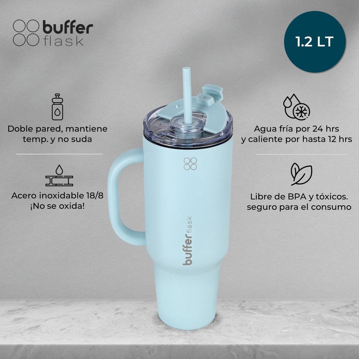 BUFFER FLASK - Vaso Termico Mug Buffer 1,2 Lt  Inox Frio  Calor - Celeste