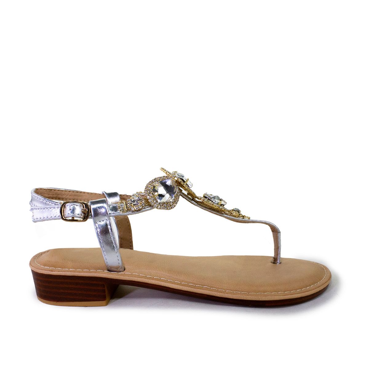 MAILEA - Sandalia con piedras de Ecocuero para mujer Plata