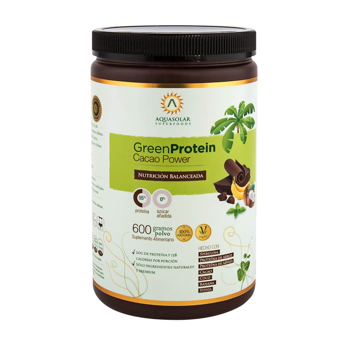 AQUA SOLAR - Green Protein Cacao, Proteína vegana (600 gr) - Original