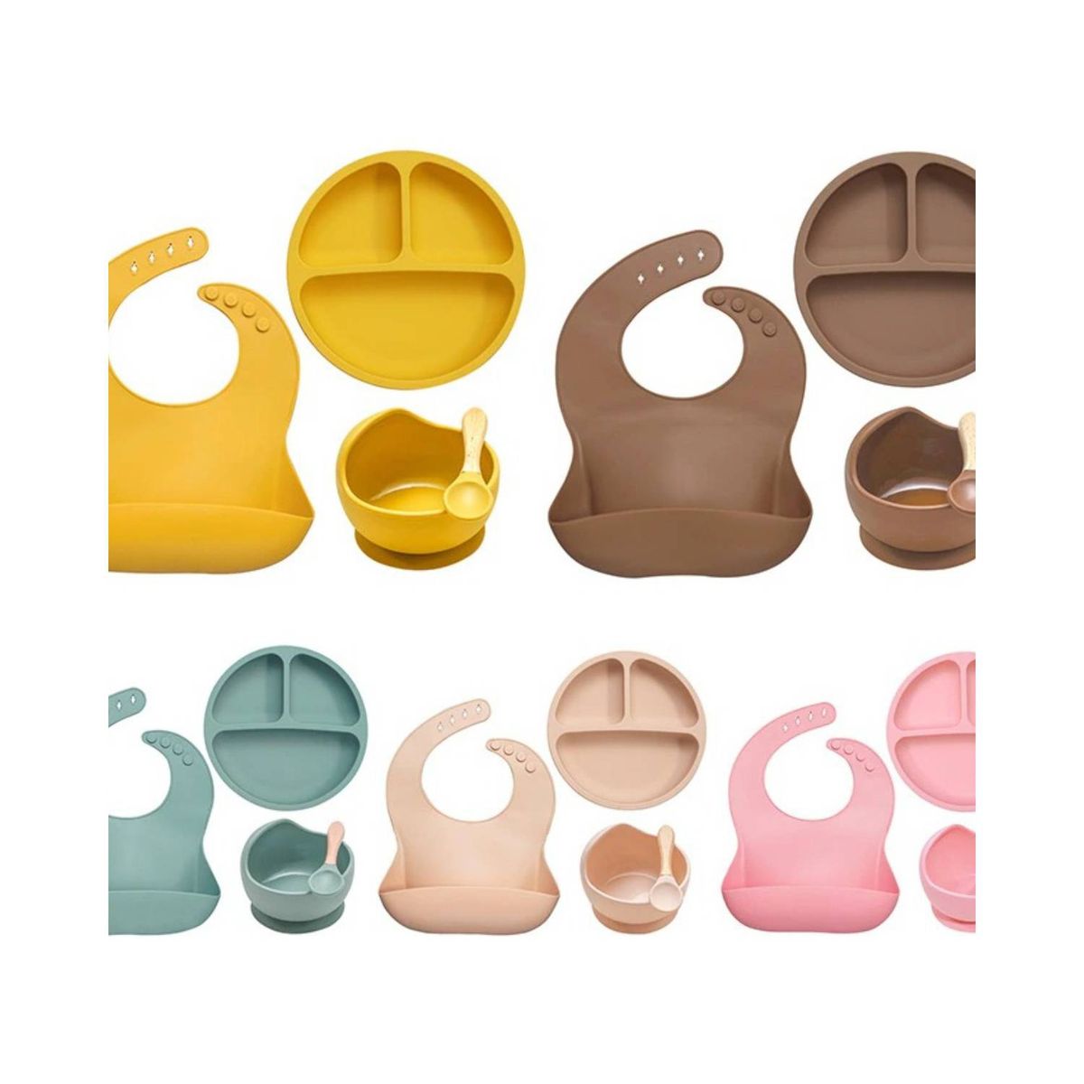 U BUY - Set Platos Bebés Silicón+Babero+Bowl+Cuchara Premium Gris