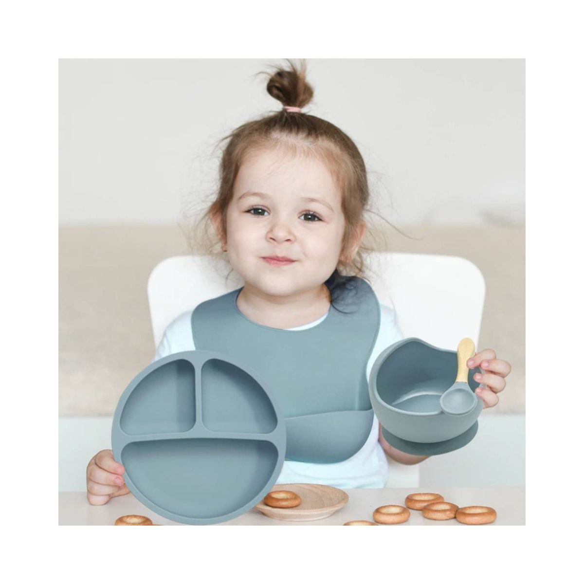 U BUY - Set Platos Bebés Silicón+Babero+Bowl+Cuchara Premium Gris