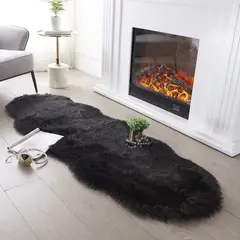 DIANA - Alfombra Pasillera NEGRA De Felpa Pelo Largo 140×60