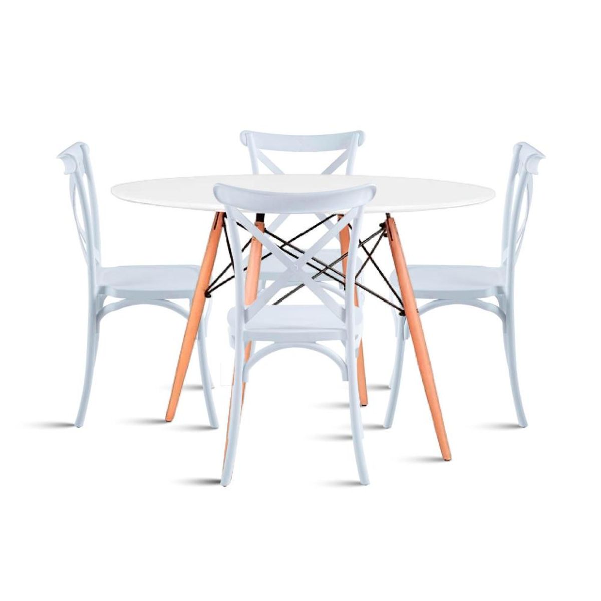 KLIK - Comedor Eames 80cm redonda Blanca + 4 Sillas Crossback Danubio Blancas KLIK