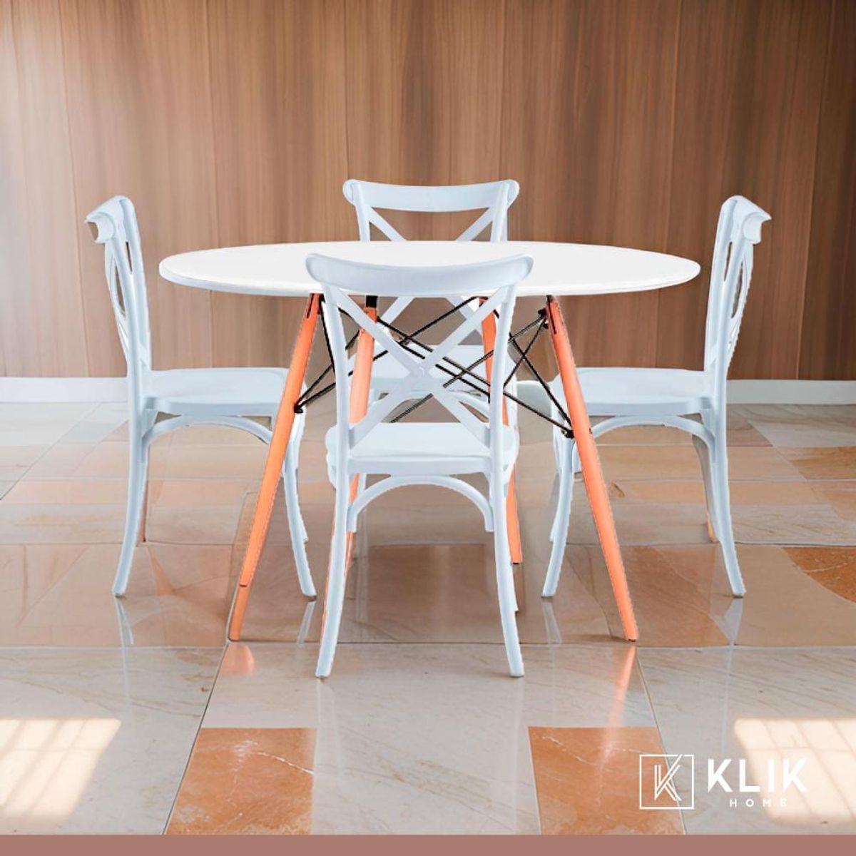 KLIK - Comedor Eames 80cm redonda Blanca + 4 Sillas Crossback Danubio Blancas KLIK