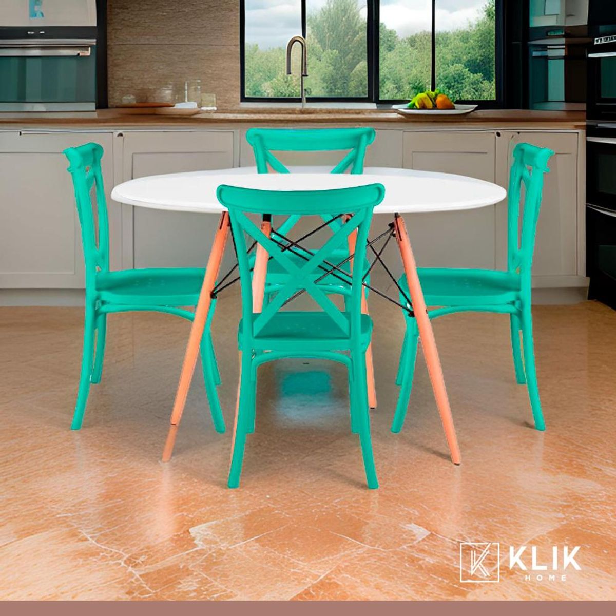 KLIK - Comedor Eames 80cm redonda Blanca + 4 Sillas Crossback Danubio Menta KLIK