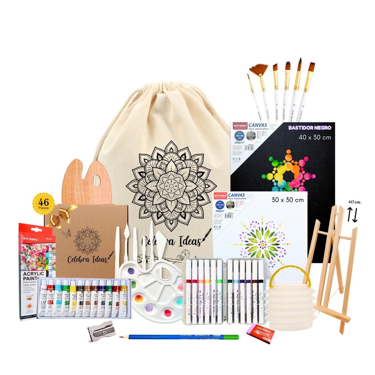 CELEBRA IDEAS - Set de Arte Acrílicos Con marcadores y Bastidor Negro 46pcs
