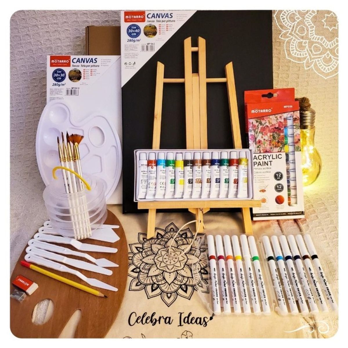 CELEBRA IDEAS - Set de Arte Acrílicos Con marcadores y Bastidor Negro 46pcs