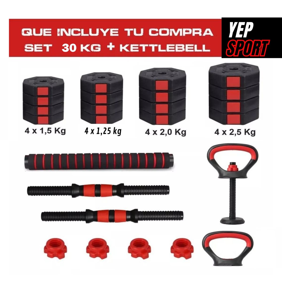 YEP S - Mancuernas 30 Kg  Ajustables Set Completo Rusa kettlebell