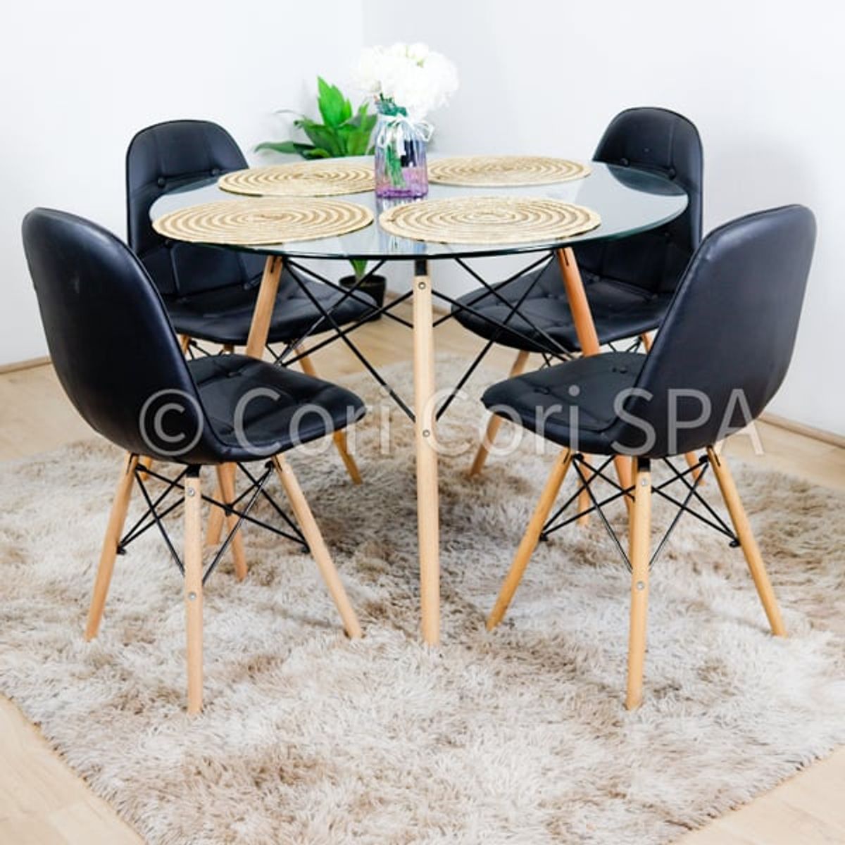 CORI CORI - Juego de Comedor Vidrio 100cm + 4 Capitonne Eames Negra