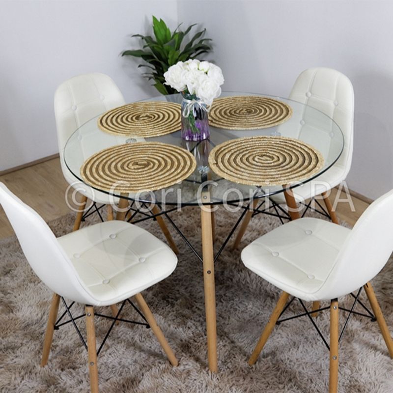 CORI CORI - Juego de Comedor Mesa Vidrio 100cm + 4 Sillas Capitonné Eames Blanco