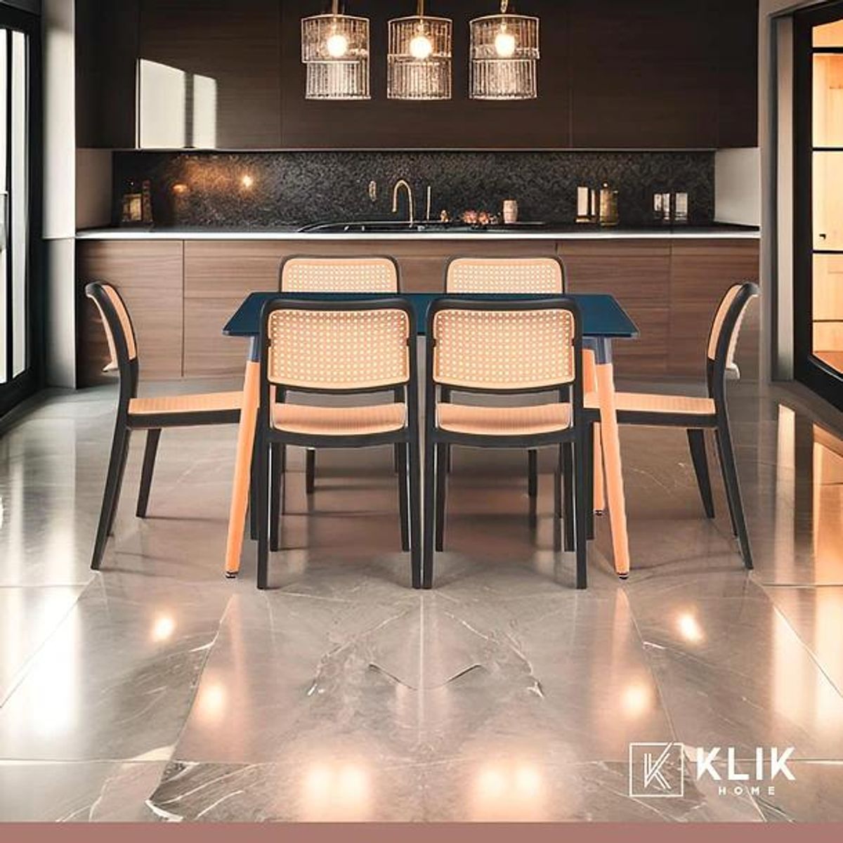 KLIK - Comedor Mesa 120x80 Rectangular Negra + 6 Sillas de Comedor Enrejada KLIK