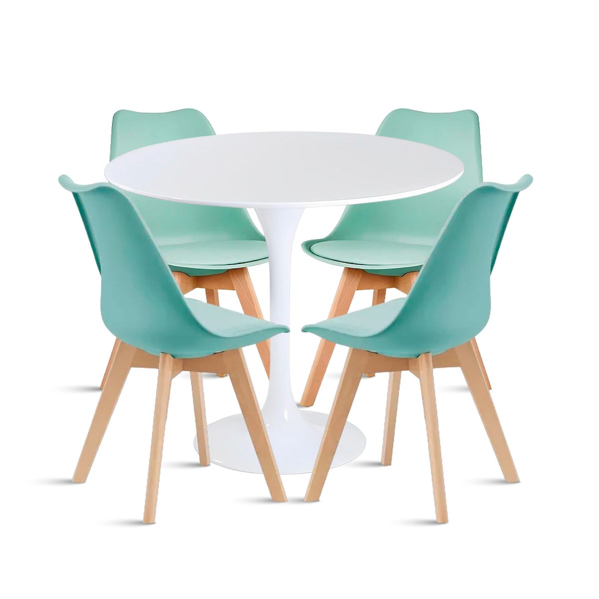 KLIK - Comedor Mesa Tulip Blanca + 4 Sillas Tulip Acolchada - Menta KLIK