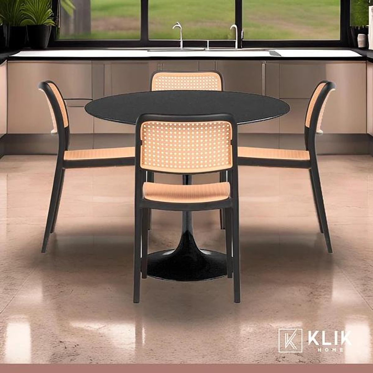 KLIK - Comedor Mesa Tulip Negra + 4 Sillas Comedor Enrejada Negra KLIK