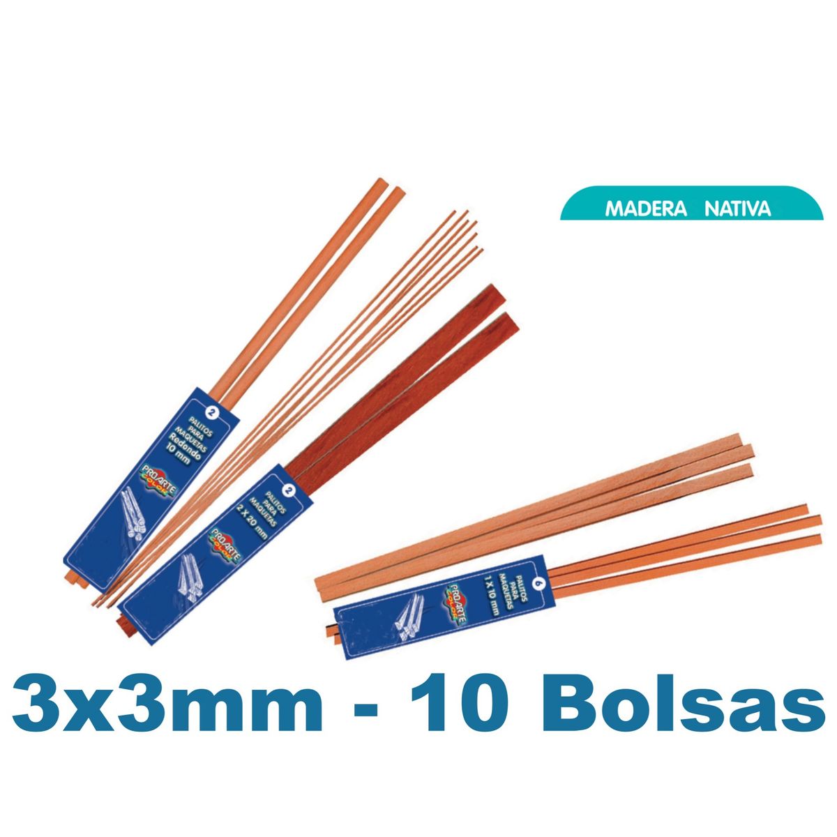 PROARTE - Palo Maqueta 3x3mm Rauli Bolsa 8palos - 10bolsas