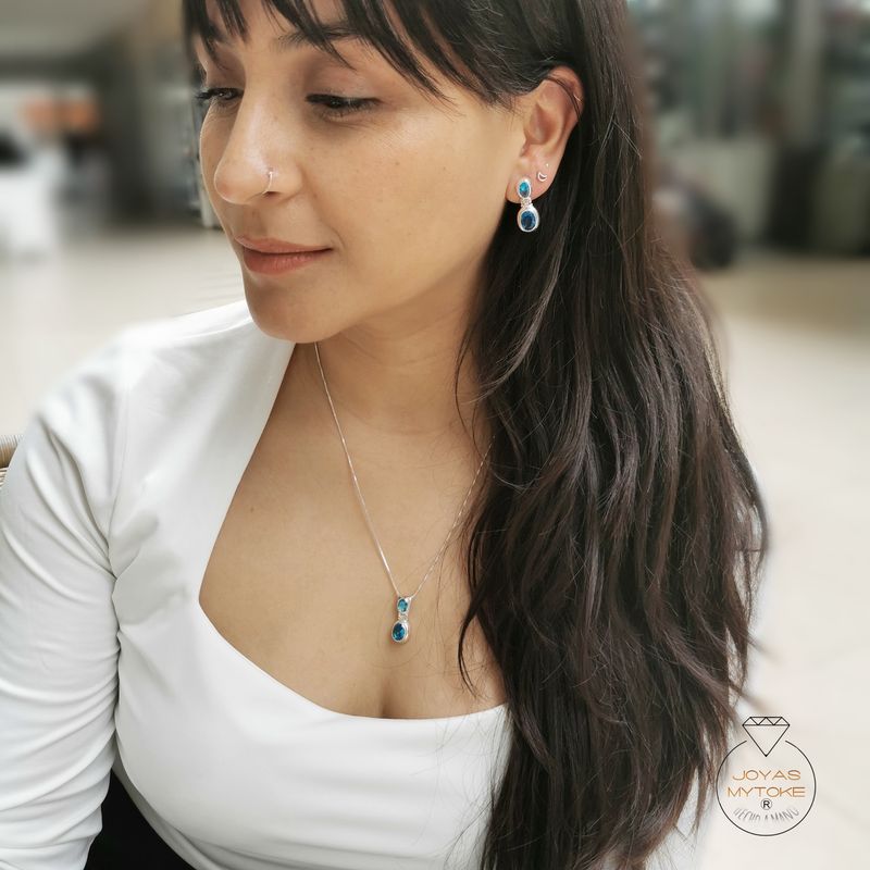 JOYAS MYTOKE - Conjunto Piedra Agua Marina Celeste Plata Fina 925 Mujer