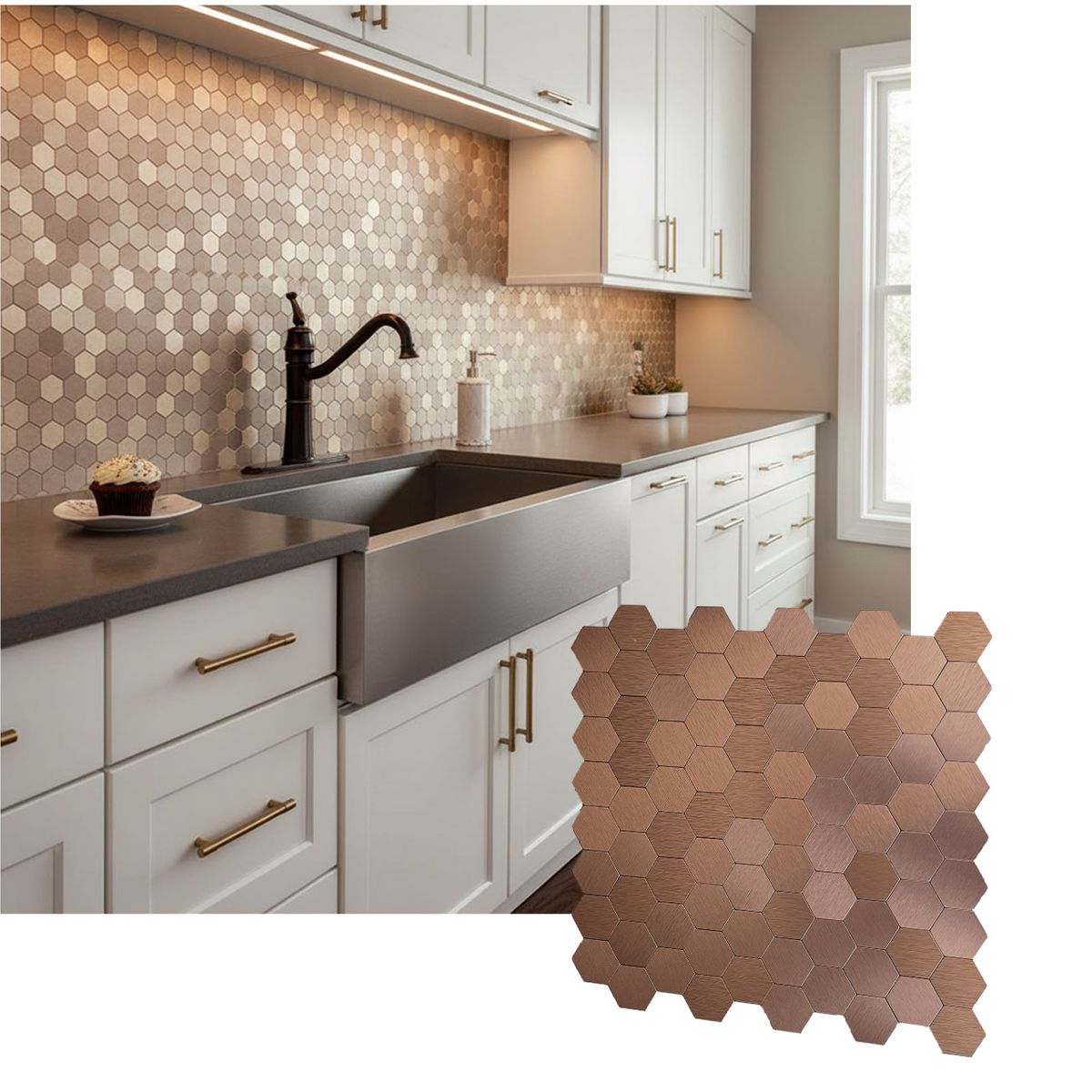 MERCAR RAY - Mosaico Salpicadero Autoadhesivo Aluminio Hexágono Cobre 29x285 cm