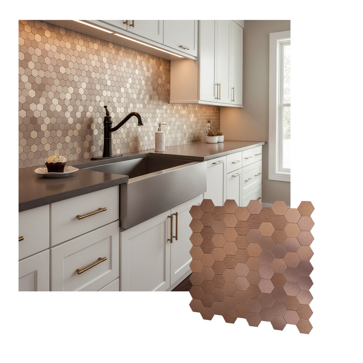 MERCAR RAY - Mosaico Salpicadero Autoadhesivo Aluminio Hexágono Cobre 29x285 cm