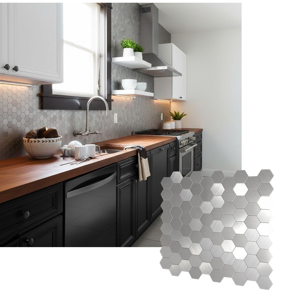 MERCAR RAY - Caja 8 Mosaicos Salpicadero Autoadhesivo Aluminio Hexágono Plata 29x28.5cm