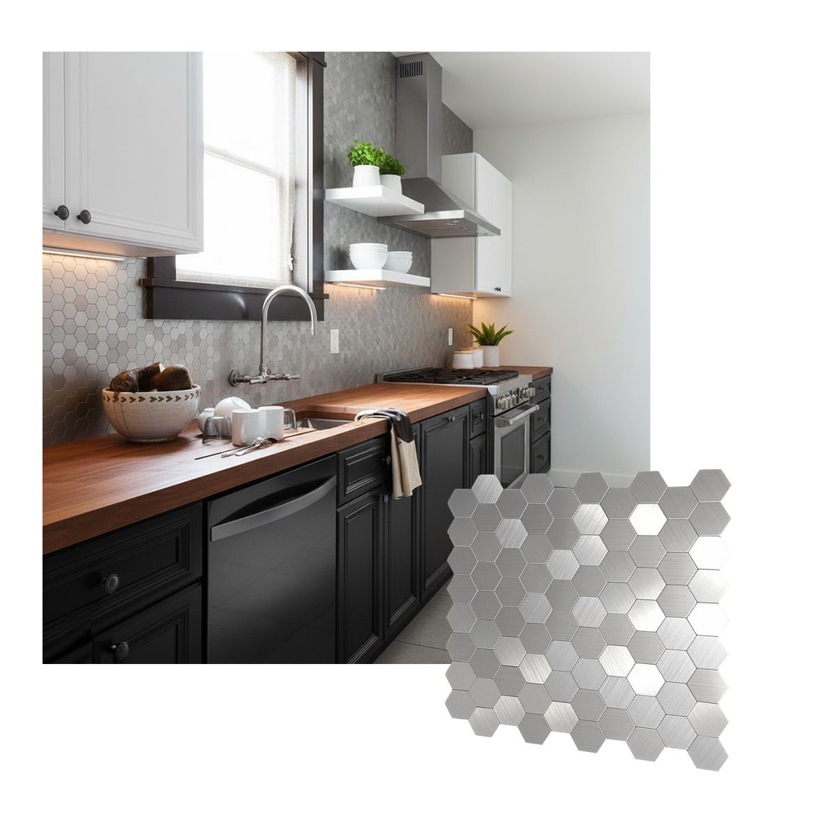 MERCAR RAY - Caja 8 Mosaicos Salpicadero Autoadhesivo Aluminio Hexágono Plata 29x28.5cm