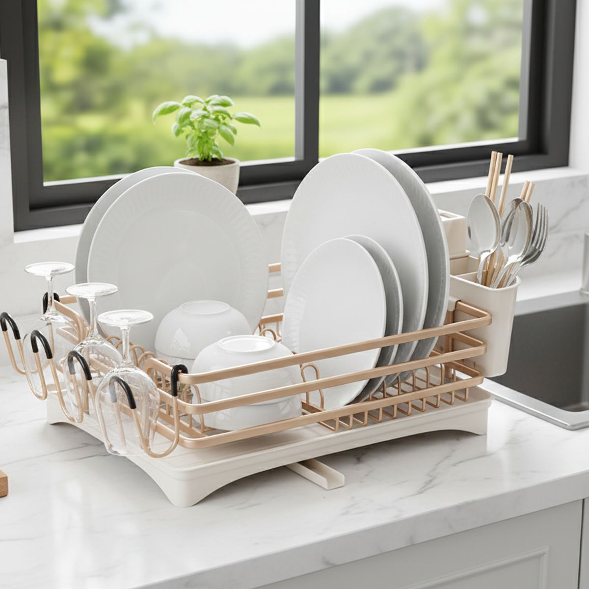 MP - Secador De Platos Platera Moderna De Aluminio Escurridor Inoxidable Con Secavasos y Cubiertero