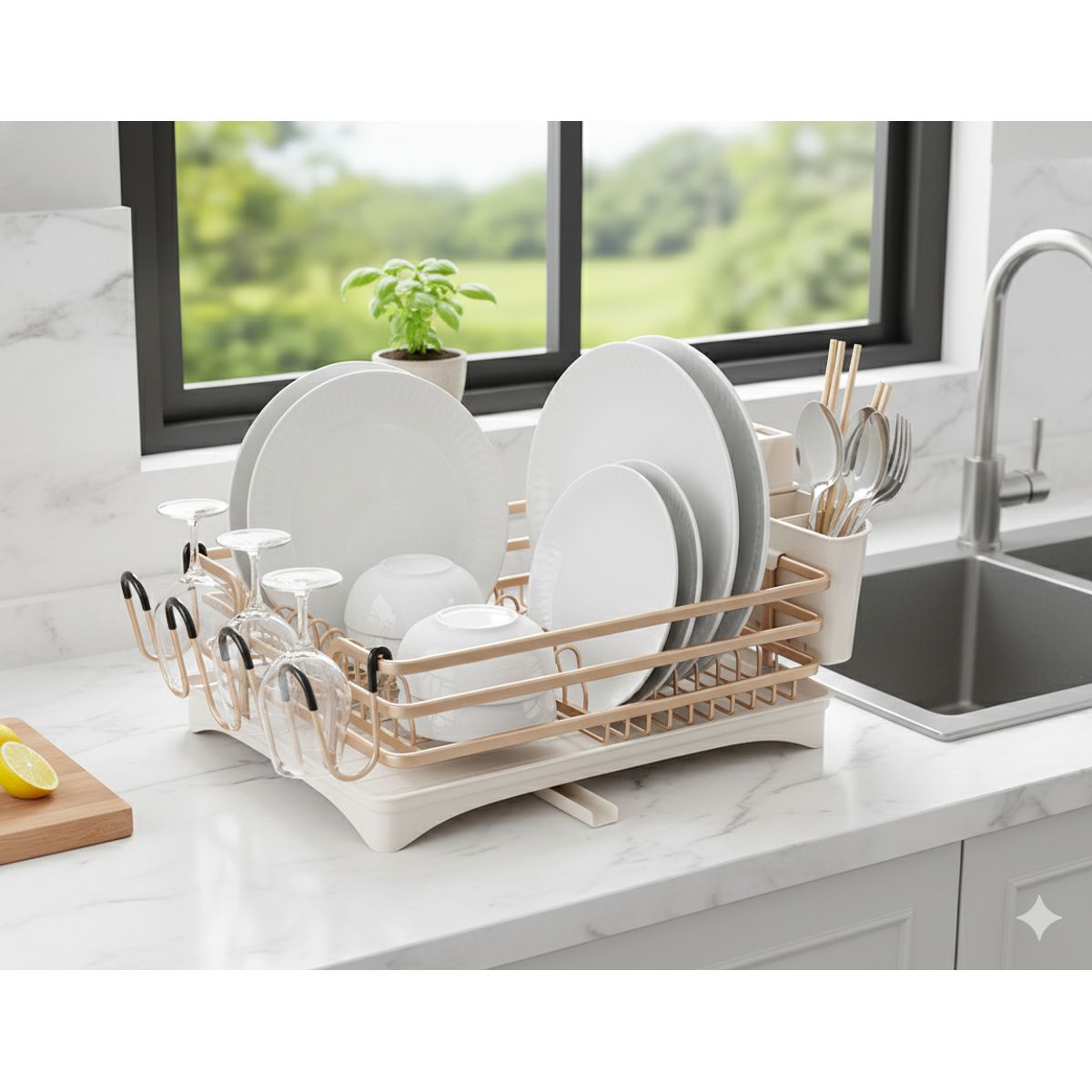 MP - Secador De Platos Platera Moderna De Aluminio Escurridor Inoxidable Con Secavasos y Cubiertero