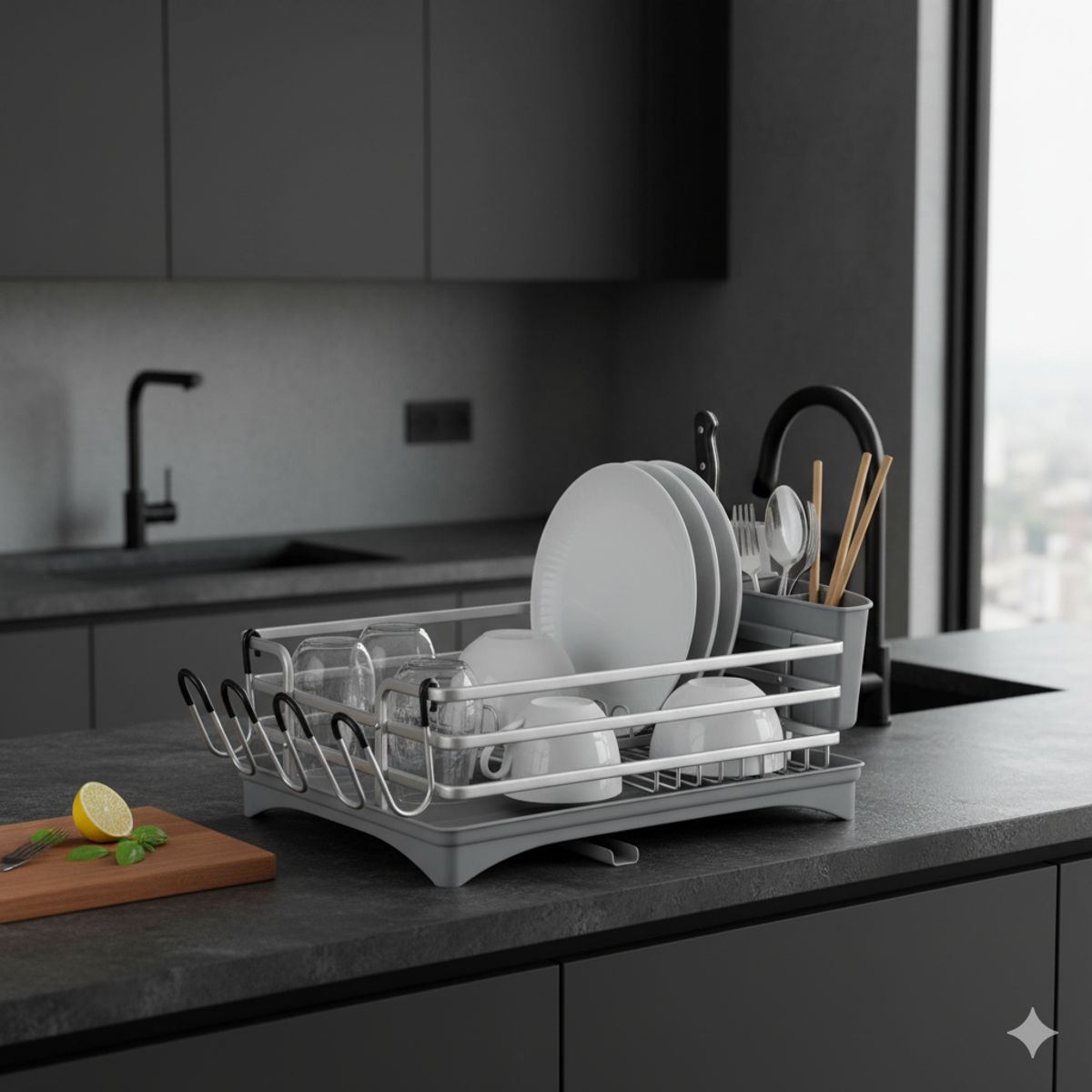 MP - Secador De Platos Platera Moderna De Aluminio Escurridor Inoxidable Con Secavasos y Cubiertero