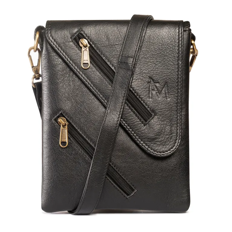 Bolso de Cuero Genuino Bandolera Negro Moderno Negro TALLA UNICA