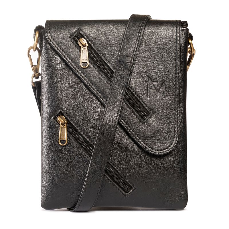 FRANZ MOSSI - Bolso de Cuero Genuino Bandolera Negro Moderno Franz Mossi